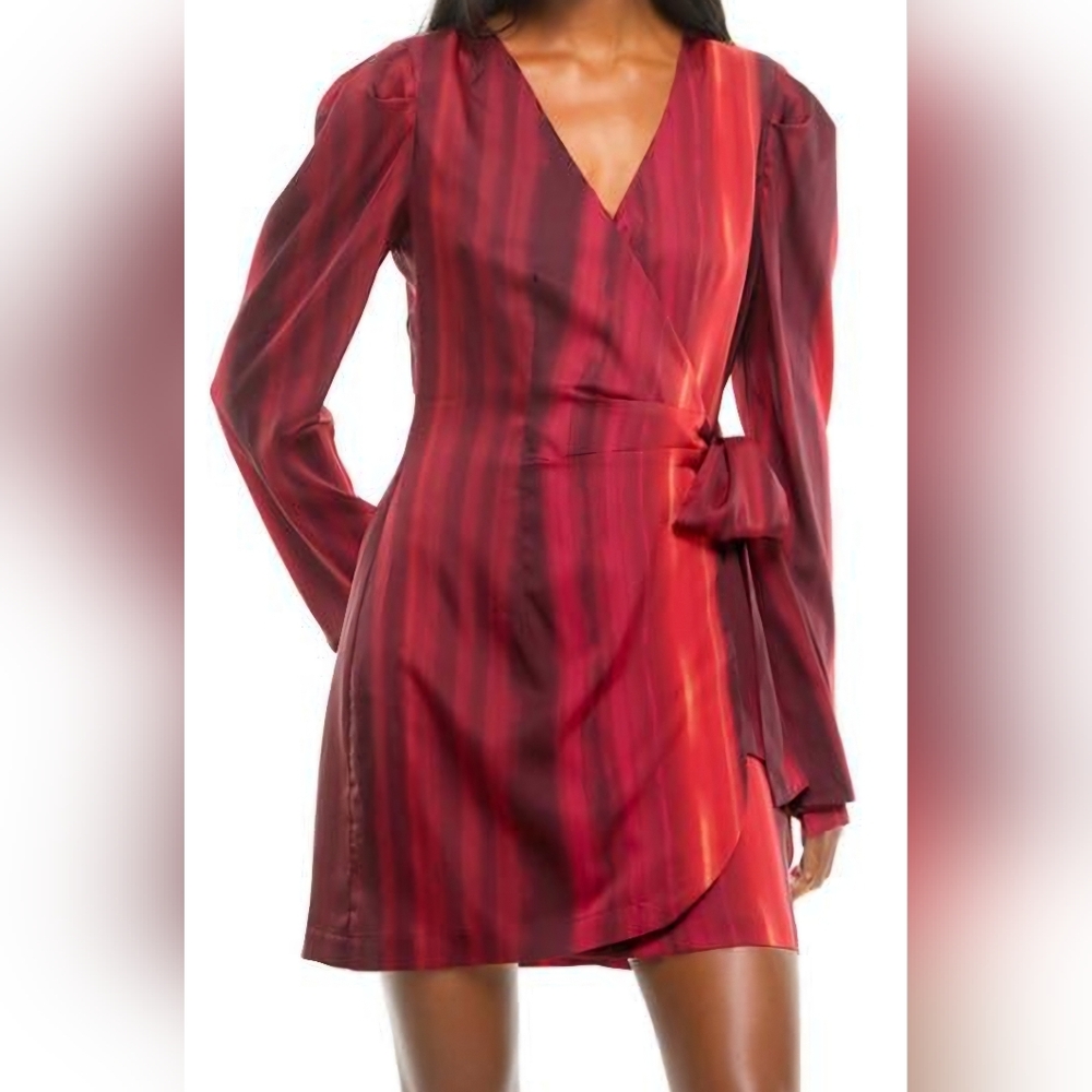 Socialite ~ Women's Red Stripe Long Sleeve Satin Wrap Dress